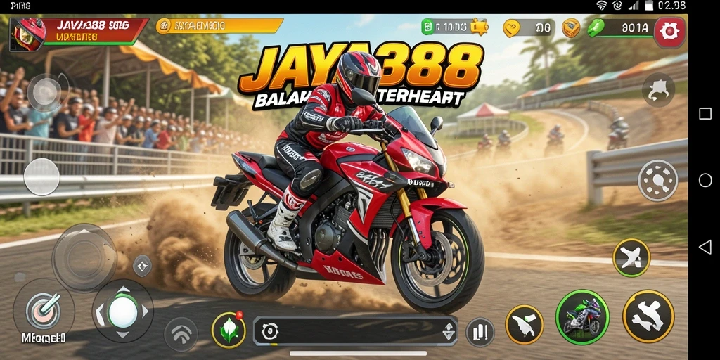 Tampilan gameplay seru JAYA388 saat perlombaan motor berlangsung.