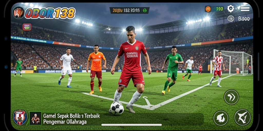 Tampilan gameplay OBOR138 dengan aksi seru di lapangan sepak bola.